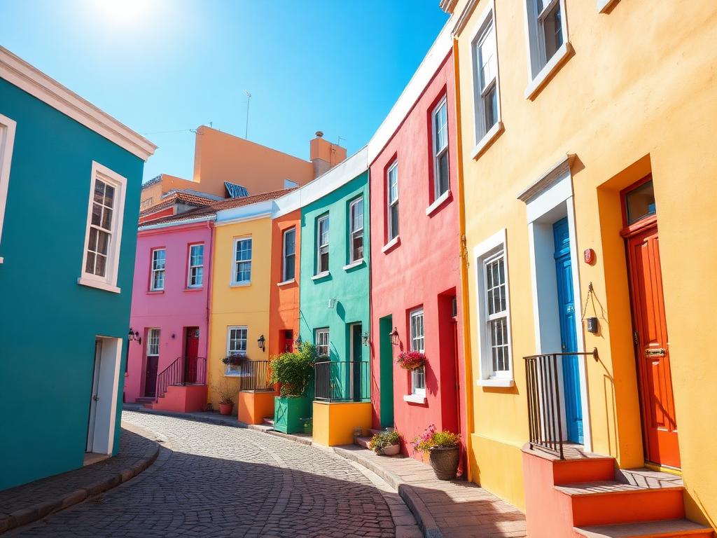 Colourful Bo-Kaap houses on a cobbled Cape Town street